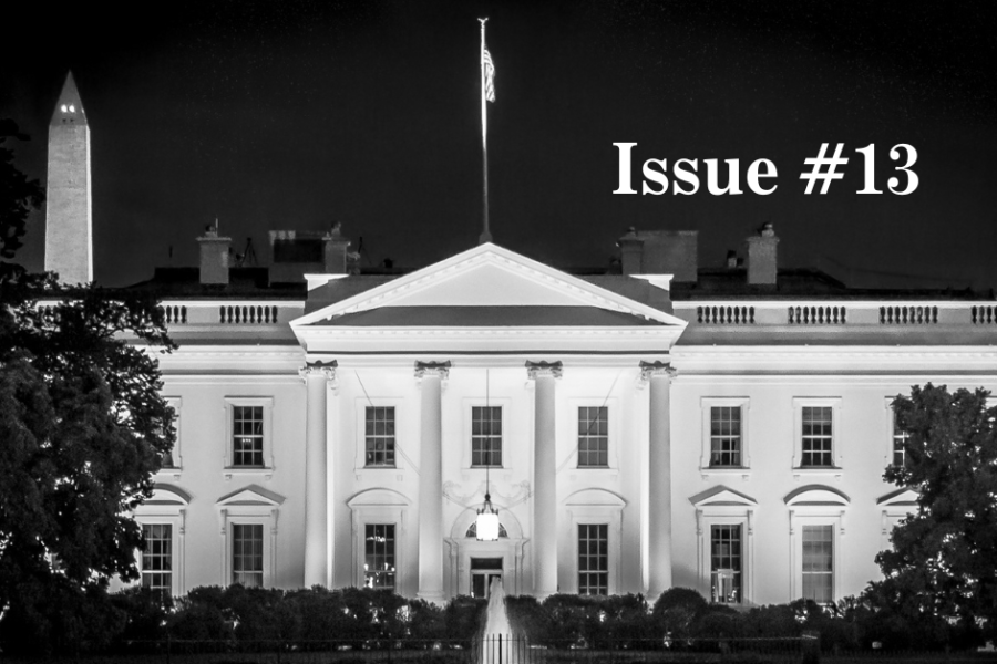 Image of the White House at night in black and white